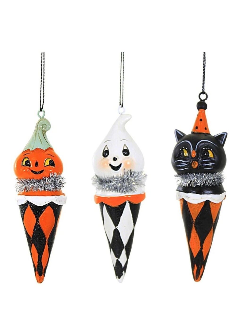 Johanna Parker set of 3 Checkered Cone Ornaments  Pumpkin Ghost and Cat NWT